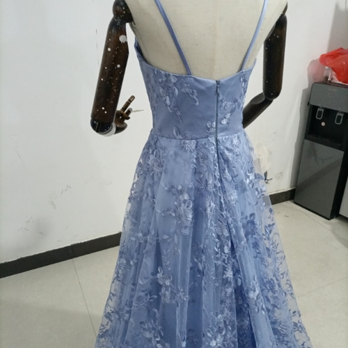 キャミソール ブルー カラードレス 背中見せ 贅沢な小花総レース  