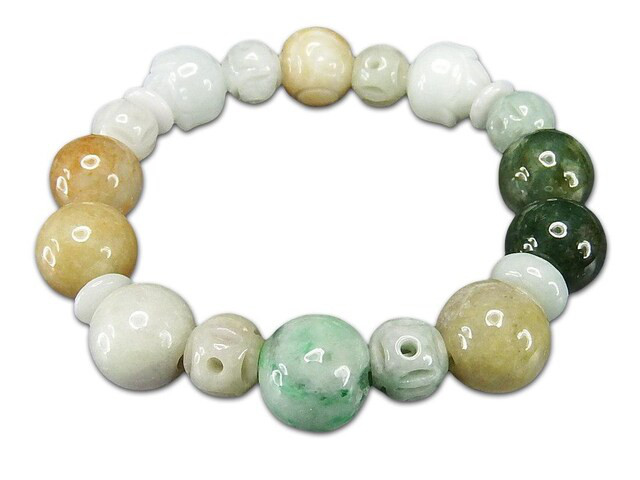 一点物逸品天然石ひすい本翡翠デザイン多色手彫り付きブレスレット数珠106-088Za