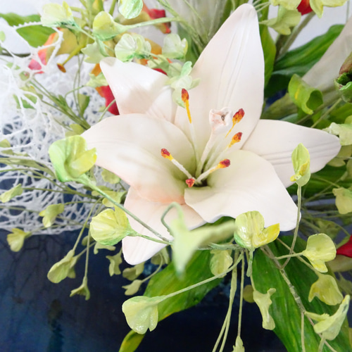 ☆送料無料☆【パンフラワー/粘土の花】瑠璃楽水盤の藍色陶器とてっ