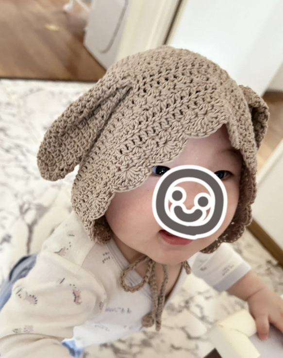 ボンネット うさぎちゃん垂れ耳】*コットン100%* 子供用. 毛糸 k.k
