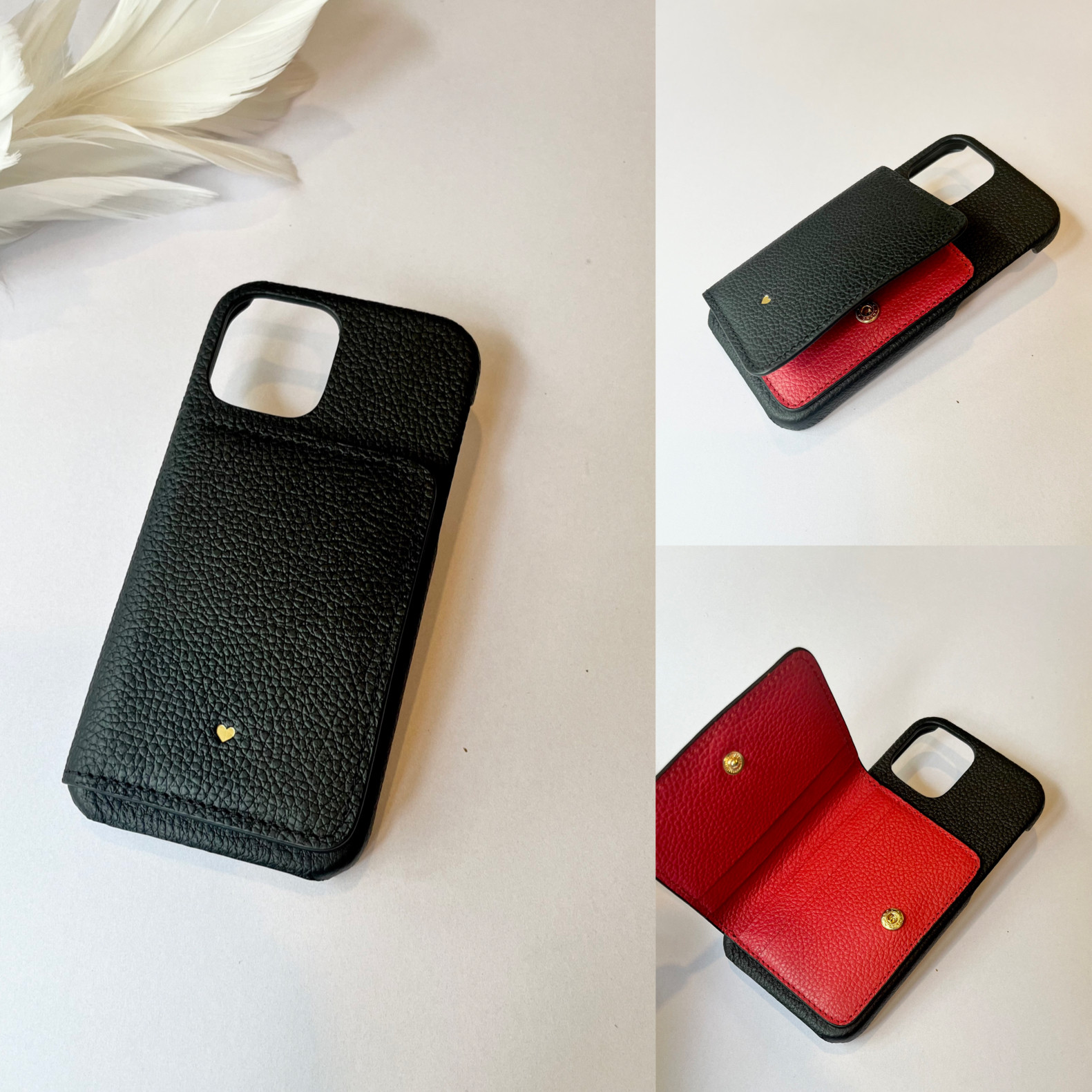 本革　レザー　名入れ可　バイカラーBlack+red　本革 　スマホケース  名入れ レザー　iphoneケース