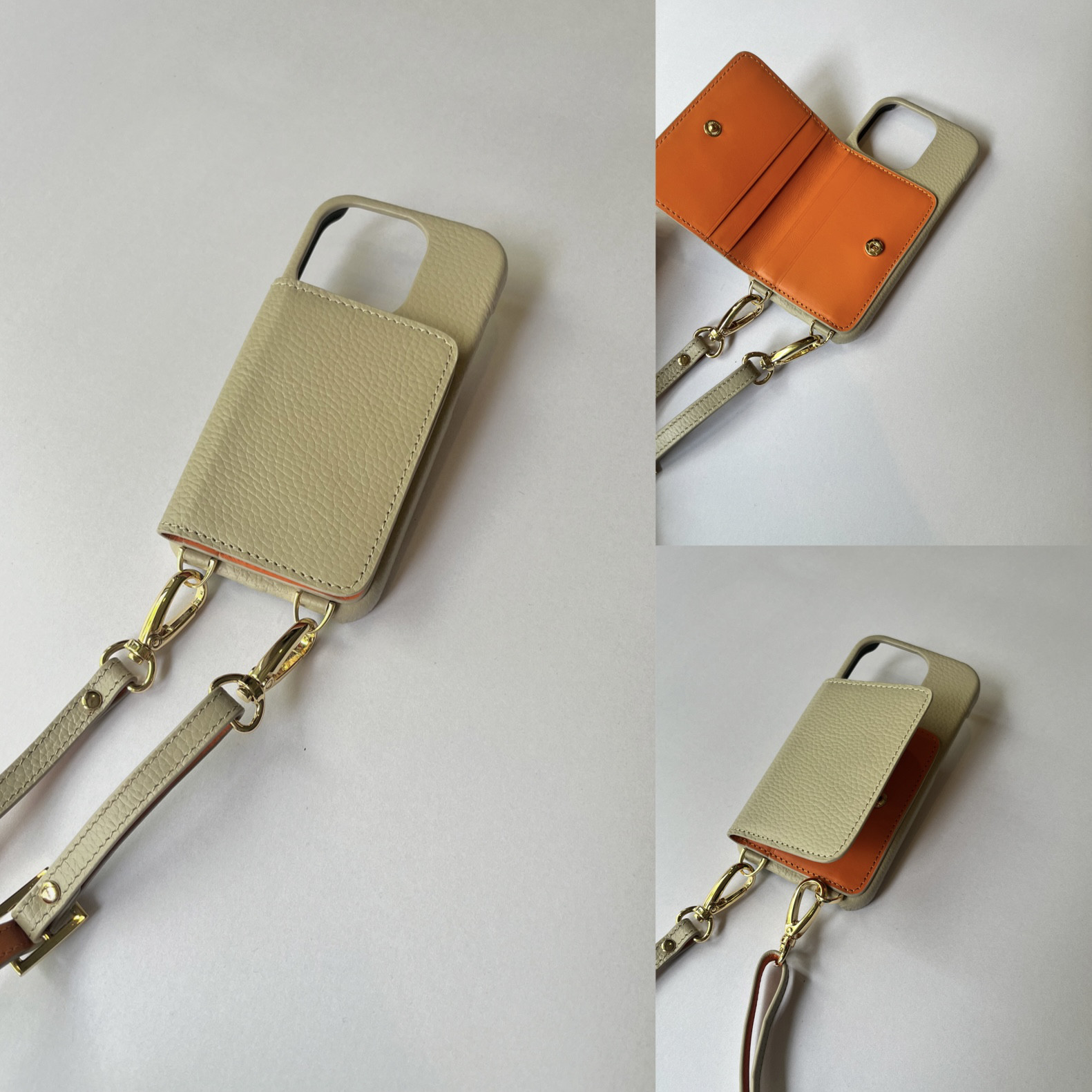 #3#3  名入れ可｜バイカラー本革iPhoneショルダーケース（背面収納　スマホショルダー）Greige+Orange