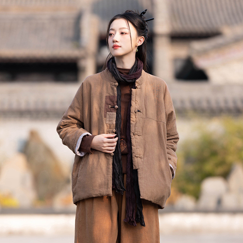 冬季新作！レトロな雰囲気漂うオリジナルデザインのコットンリネン補丁ショートジャケット8270