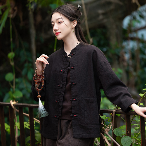 ラミー砂洗い加工 パンボタン 立ち襟 カーディガン 女性用 コットン