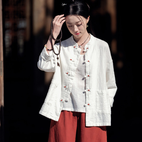 KMRii カーディガン  FLASH別注 スタッズレザー 民族 ラミー砂洗い加工 パンボタン 立ち襟 カーディガン 女性用 コットン