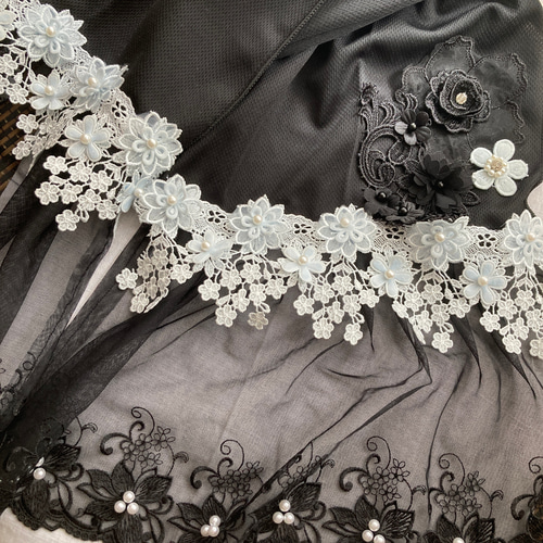 クールストール黒チュールレースケミカルフラワーブルーモチーフ  