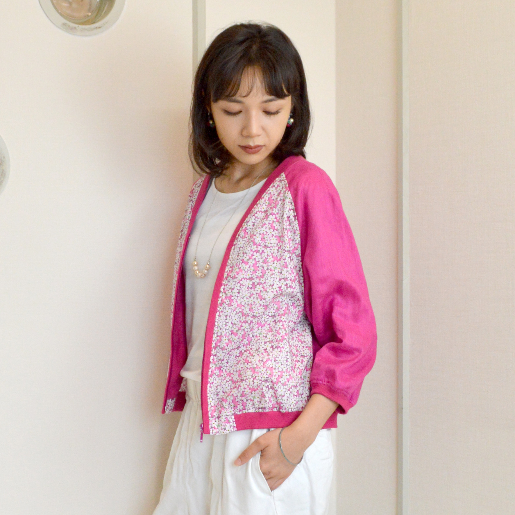 リバティ・ファブリックス使用《Petal Wish》＊リネン７分袖ジップアップ