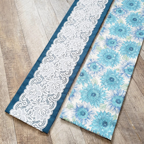 半幅帯】ターコイズブルーにバラレース 青い向日葵 /青 白 花⭐送料