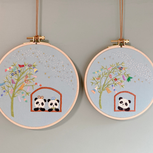 刺繍 壁飾り＊七夕 星に願いをパンダ〈無料ラッピング〉 その他