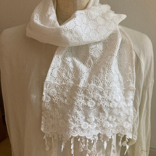 ハンドメイド◇ストール薄手白サークルレース刺繍お花のフリンジレース