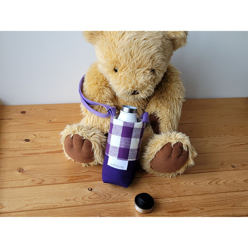 サイズオーダー／水筒カバー チェックパープル コットンリネン・水筒