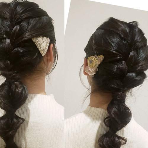 三角パッチンピン レース付き インド刺繍リボン ミント ヘアピン 三角パッチンピン レース付き インド刺繍リボン ミント ヘアピン