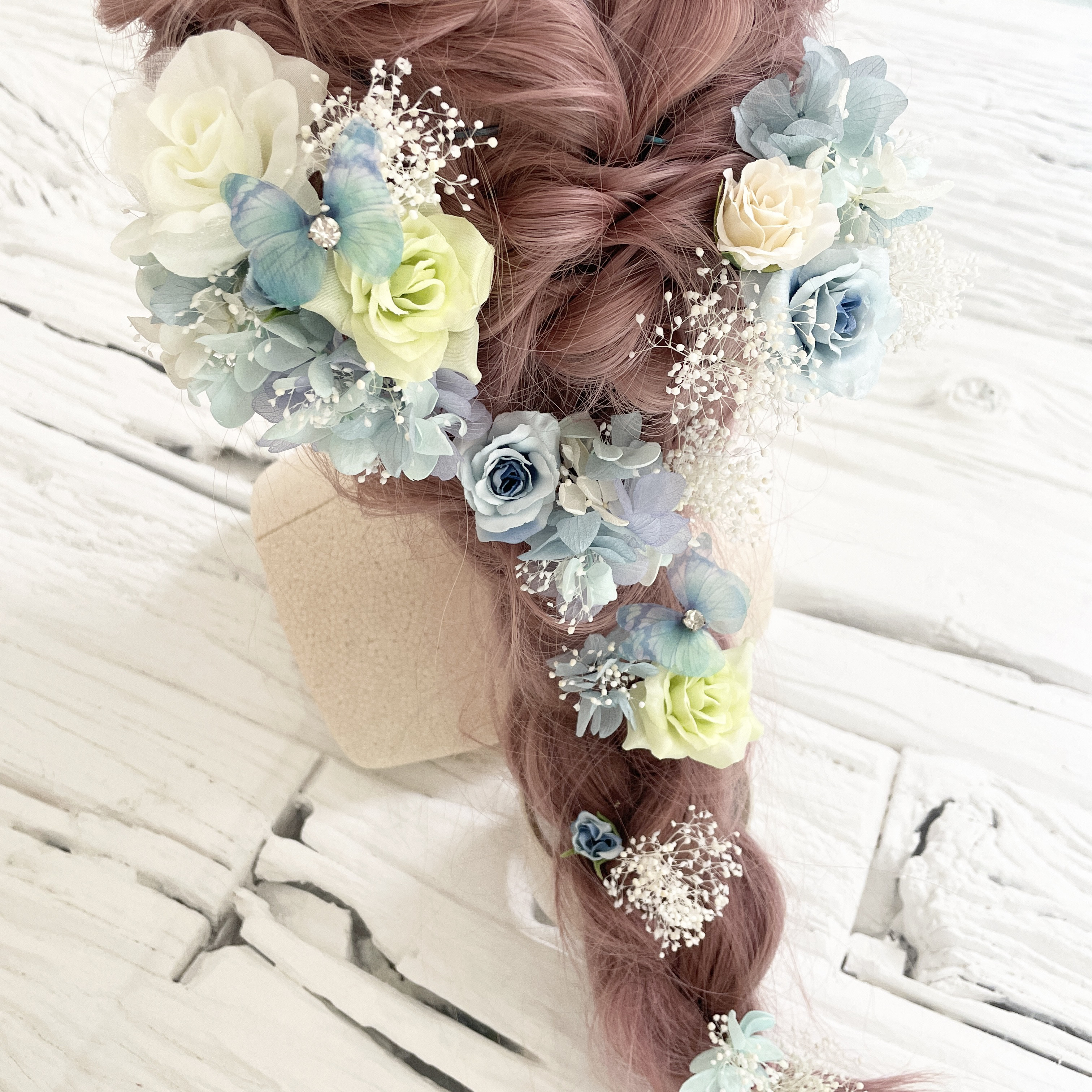 ラプンツェル　髪飾り　ヘッドドレス　グリーン　淡いブルー