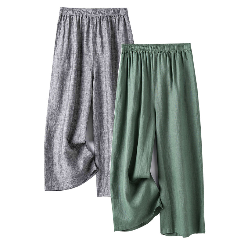 7分丈リネンワイドパンツ　ゴムウエストリネンワイドパンツ　ゆとりリネンパンツ　グレーとグリーン2色　S-2XL　L411
