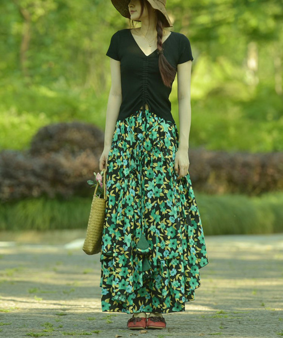 フレアスカート オリーブグリーン 花柄 SALE／マシンウォッシュ可】フラワー柄フレアスカート（ミモレ