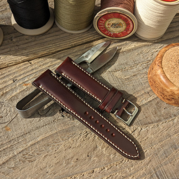 コードバン レザー 新喜皮革 バーガンディ｜フルステッチ 時計ベルト