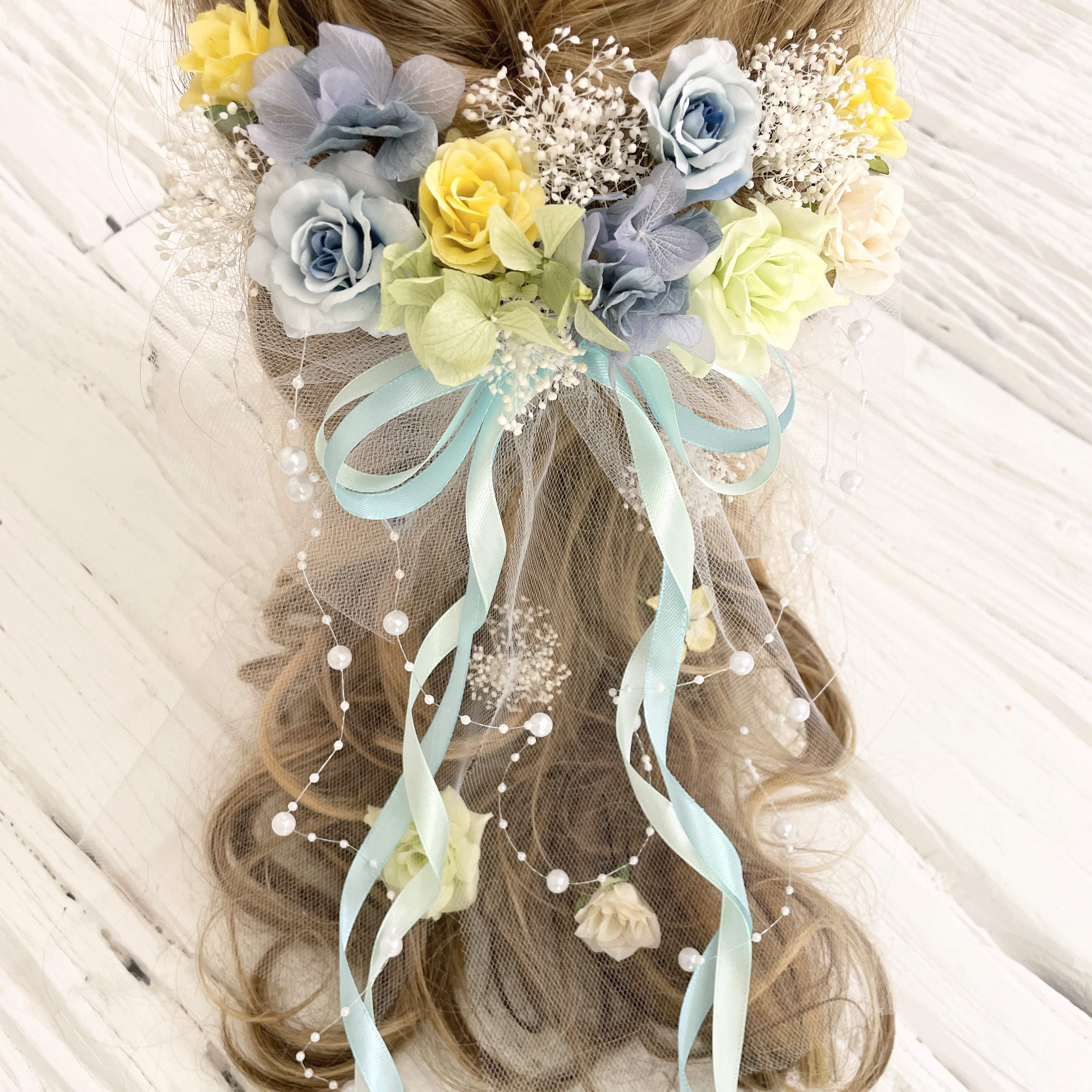 ブーケの様な髪飾り　ヘッドドレス　グリーン　イエロー　水色