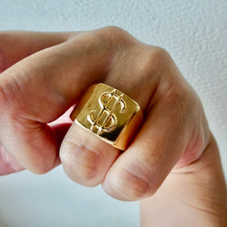 仁尾彫金『ドルマーク、プレート、ゴールド印台リング』ハンドメイド