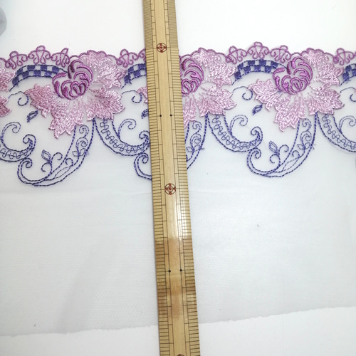 2m 紫 花柄刺繍 チュールレース ハンドメイド 生地 手芸 素材 はぎれ