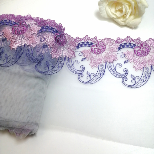 2m 紫 花柄刺繍 チュールレース ハンドメイド 生地 手芸 素材 はぎれ