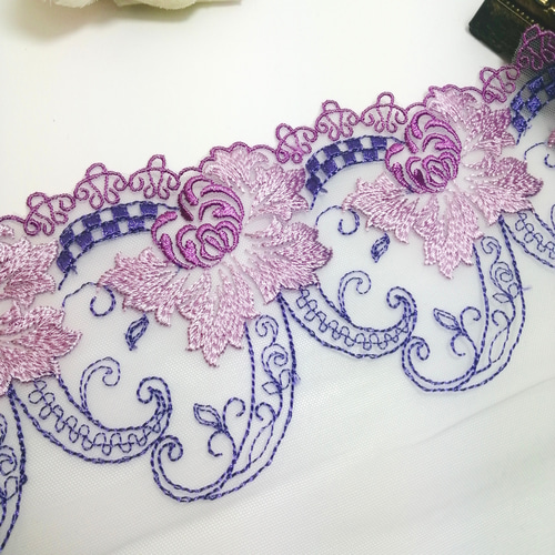 2m 紫 花柄刺繍 チュールレース ハンドメイド 生地 手芸 素材 はぎれ