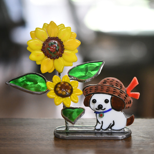 ステンドグラス 麦わら犬とひまわり その他インテリア雑貨 もえくる