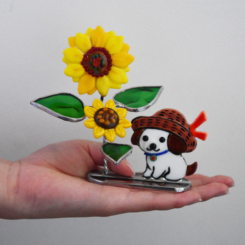 ステンドグラス 麦わら犬とひまわり その他インテリア雑貨 もえくる