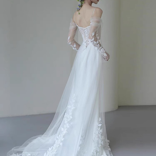 オフショルダー スパゲッティストラップ チュール サテン レース