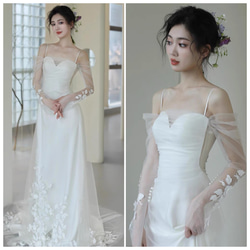 オフショルダー　ボリューム袖　パフスリーブ　Aライン　二次会　前撮り ウェディングドレス オフショルダー ボリューム袖 パフスリーブ A