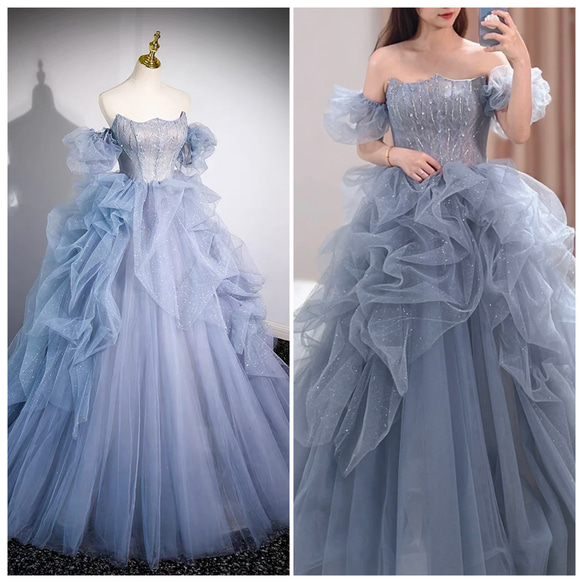 チューブトップフリルウェディングドレス結婚式 オフショルダー チュール チューブトップ フラワーレース 二次会