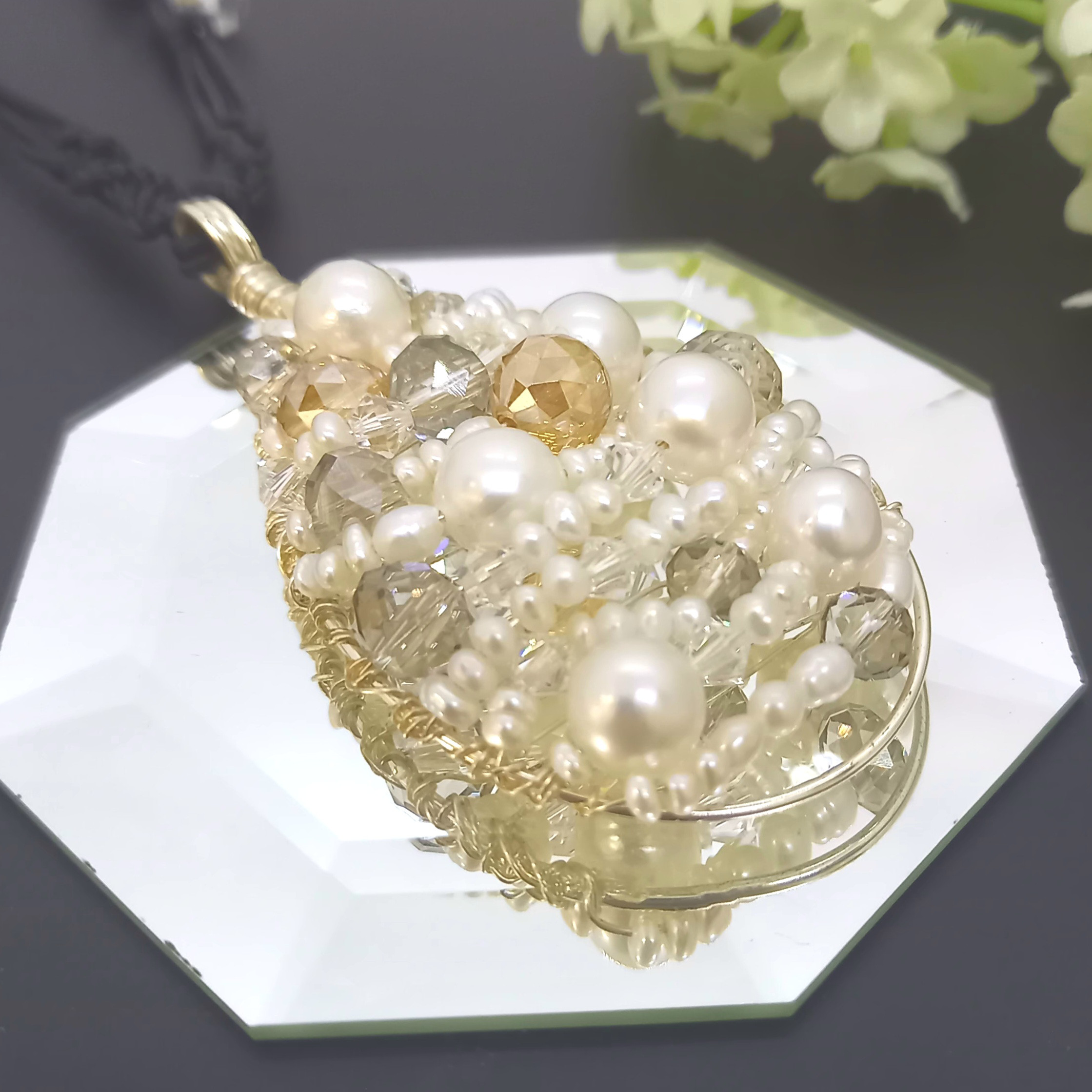 [N-156] 淡水パールのドロップ・編み込みネックレス
