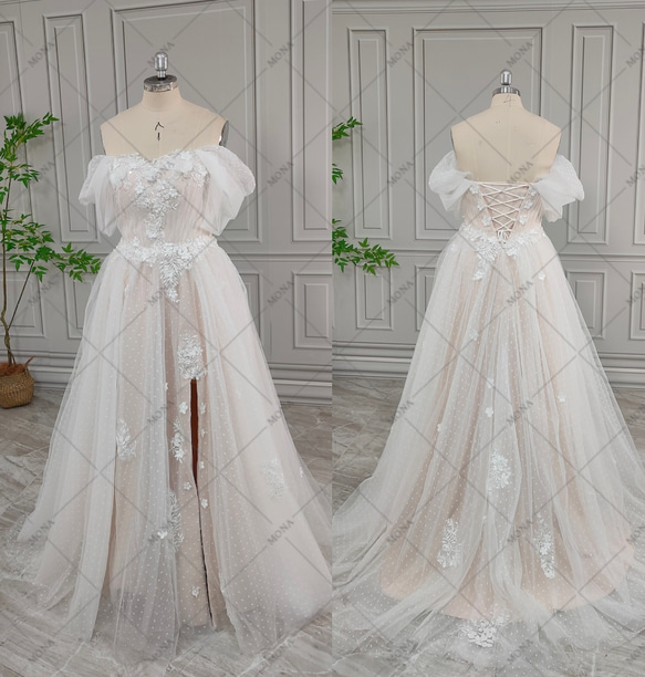 オフショルダー ウェディングドレス Aライン 二次会 結婚式 前