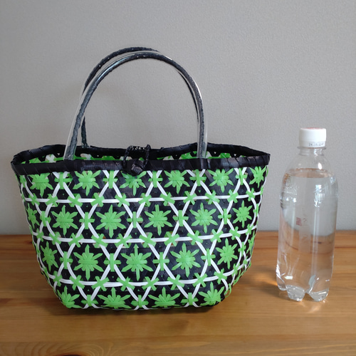 PPバンド かごバッグ 花まる編み 紺×ミントグリーン×白 プラカゴ 花