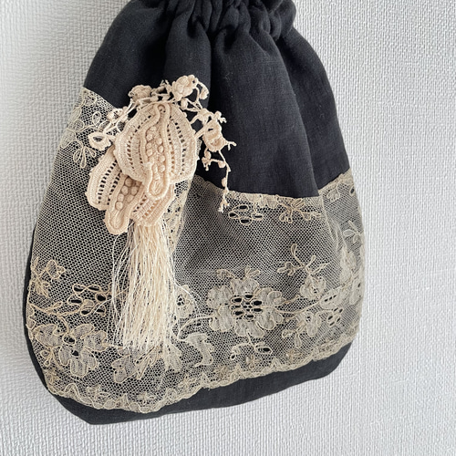 フランスアンティークレース - ポーチ - リネン 巾着袋 Eau 通販