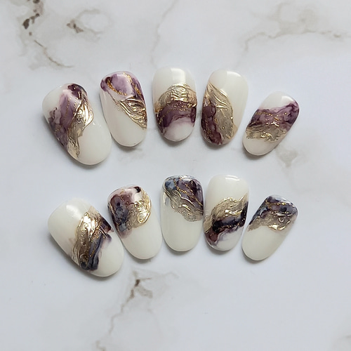 KOIZUMI ネイルアート用品 ホワイト/ローズゴールド サイズオーダー】ローズピンク/ネイビーインク×ゴールドの大人華やか