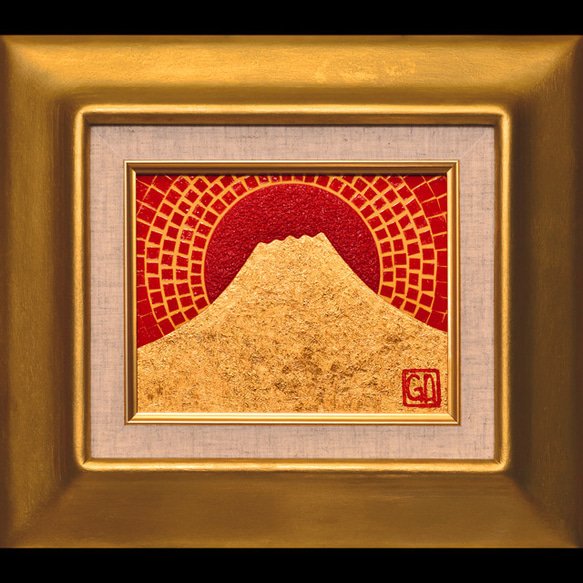 作者直接山梨発送○『太陽と純金富士山』○がんどうあつし絵画24K