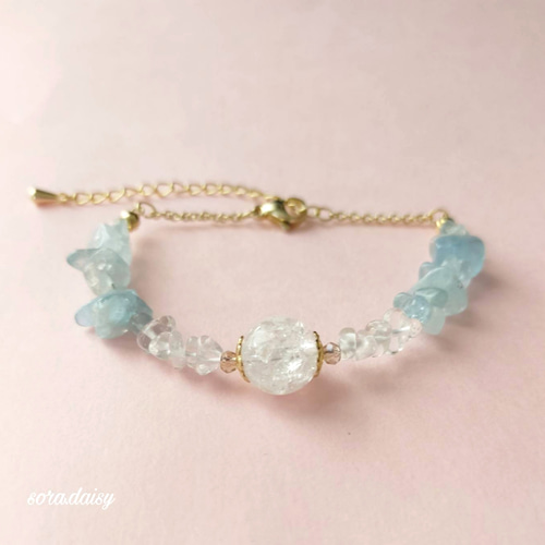 クラック水晶・アクアマリンの華奢な天然石ブレスレット *3月誕生石