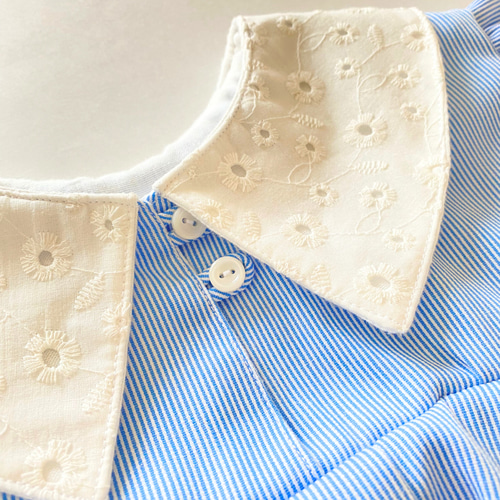 ワンピース 1着限定 日本製 綿 水色 ストライプ 襟付き 半袖 清楚 上品