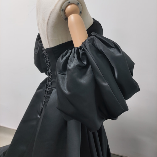 送料無料！カラードレス パフスリーブ 編み上げ ブラック 前撮り  