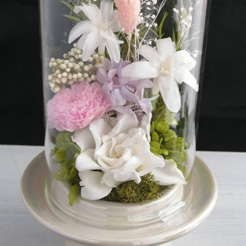 お供え花】プリザーブドフラワーのお供えガラスドームアレンジ(大) 仏