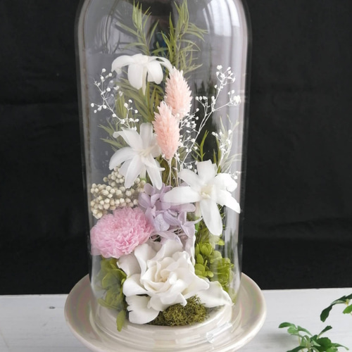仏花　ガラスドーム　プリザーブドフラワー　お盆　お彼岸　お供え　虹の橋 お仏壇にお供えするプリザーブドフラワー ガラスドーム仏花 高さ