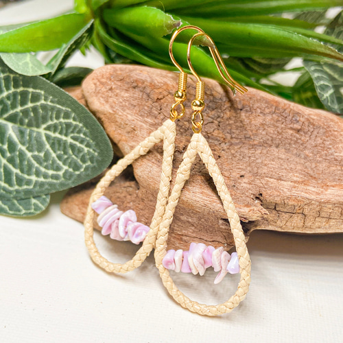 ハワイ ラウハラ シェル 貝殻 ピアス 16金ゴールド (イヤリング 金属