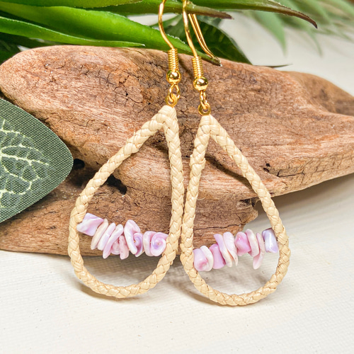 ハワイ ラウハラ シェル 貝殻 ピアス 16金ゴールド (イヤリング 金属