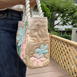 ハワイアンキルト　プルメリアトートバックベージュオレンジ　受注製作 5枚目の画像