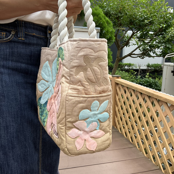 ハワイアンキルト　プルメリアトートバックベージュオレンジ　受注製作 5枚目の画像