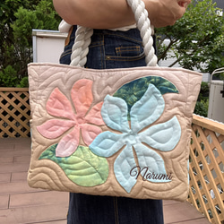ハワイアンキルト　プルメリアトートバックベージュオレンジ　受注製作 2枚目の画像