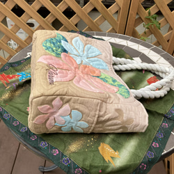 ハワイアンキルト　プルメリアトートバックベージュオレンジ　受注製作 7枚目の画像