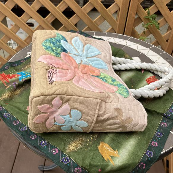 ハワイアンキルト　プルメリアトートバックベージュオレンジ　受注製作 7枚目の画像