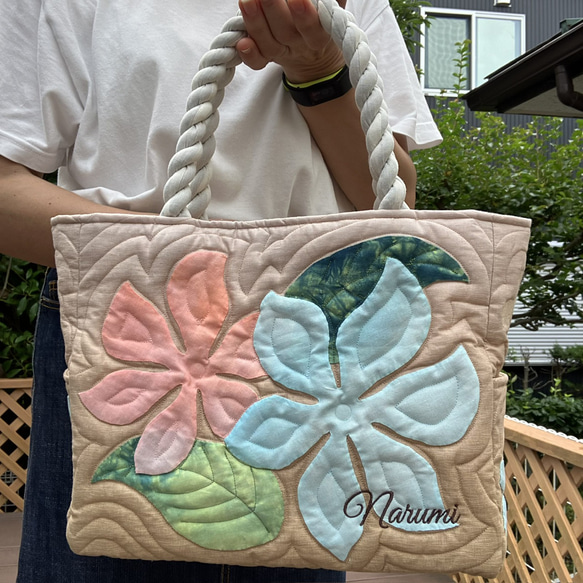 ハワイアンキルト　プルメリアトートバックベージュオレンジ　受注製作 9枚目の画像