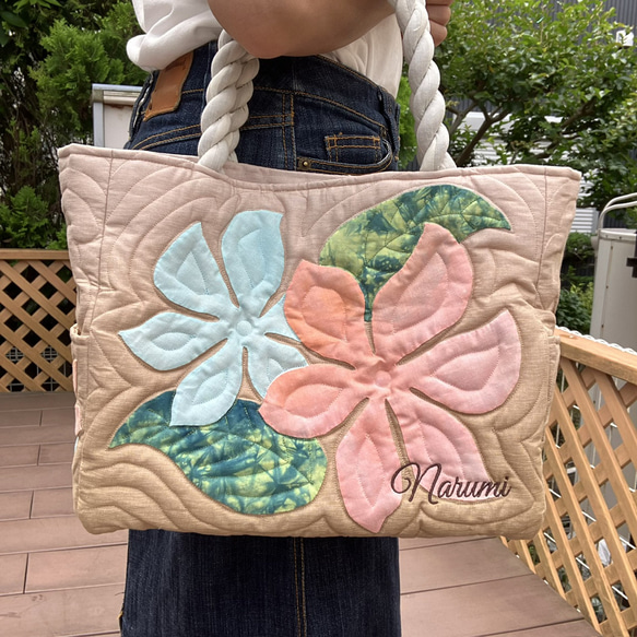 ハワイアンキルト ハンドメイド プルメリアトートバッグ